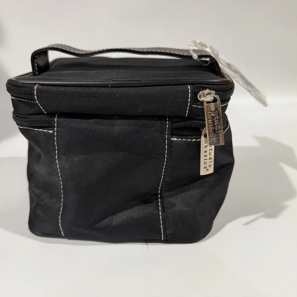 NWT Y2K 2004 Vintage Black Nylon Makeup Organizer Travel Train Case Cosmetic Bag